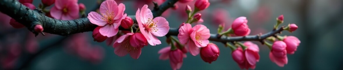 Plum tree with blooming flowers on a dark grey bark-covered trunk, flowers, blossom