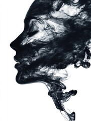 Fototapeta premium Silhouette of ethereal woman dissolving into dark smoke on white backdrop