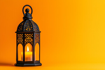 Ornate Black Metal Lantern with Burning Candle for Ramadan Decoration on Vibrant Orange Background