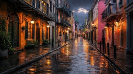 Fototapeta premium Rain-slicked street at night, colorful buildings, old city.