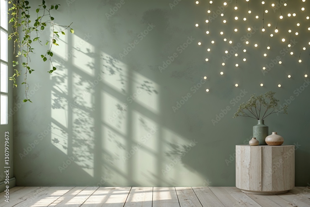 Poster elegant soft muted sage backdrop with delicate window light patterns for stylish product photography