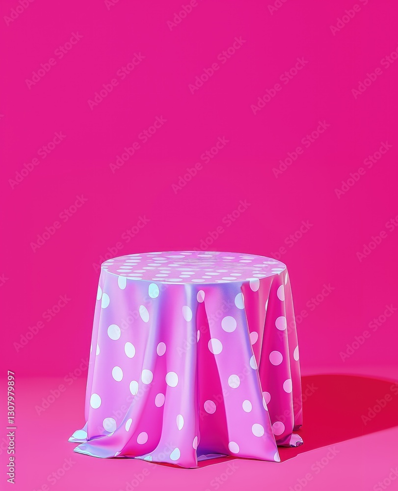Poster a colorful podium draped in a polka dot tablecloth sits against a striking pink backdrop, creating a