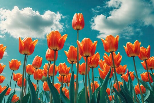 Bright Orange Tulips with Turquoise Sky Ideal Nature Background for Event Flyers and Promotional Use