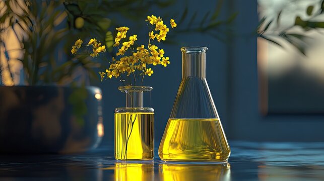 Golden elixir of nature, floral infusion in labware still life scene