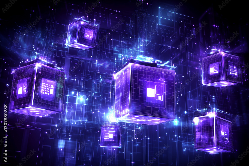 Aufkleber futuristic digital background with abstract purple cubes and geometric lines in a vector style