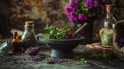 Rustic still life with herbs and antique glass bottles