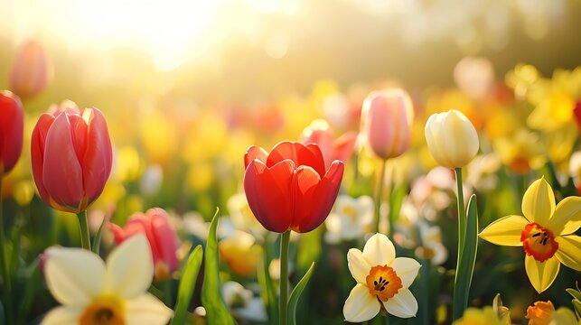 Spring Floral Bloom - A close-up of a vibrant field of tulips and daffodils in full bloom, bathed in soft golden sunlight. Fresh and colorful.