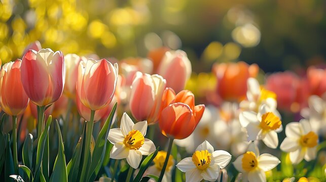 Spring Floral Bloom - A close-up of a vibrant field of tulips and daffodils in full bloom, bathed in soft golden sunlight. Fresh and colorful. - Powered by Adobe