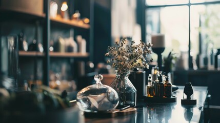 Elegant glassware and floral decor in a softly lit café setting