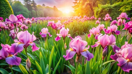 Obraz premium Aerial Drone Shot of Vibrant Pink Irises in a Lush Flower Bed