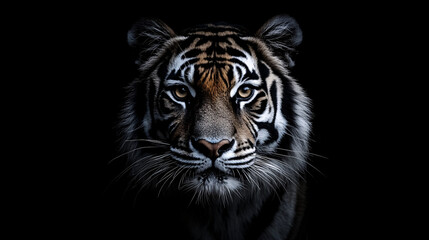 close-up of tiger face in darkness with piercing eyes and detailed fur contrasting light and shadow

