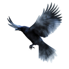 A raven with its wings transitioning into dark mist, isolated on a white background.