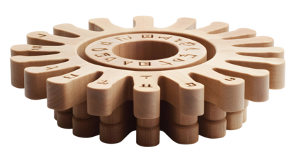 Wooden Gear Rotates Smoothly, Isolated on White Background