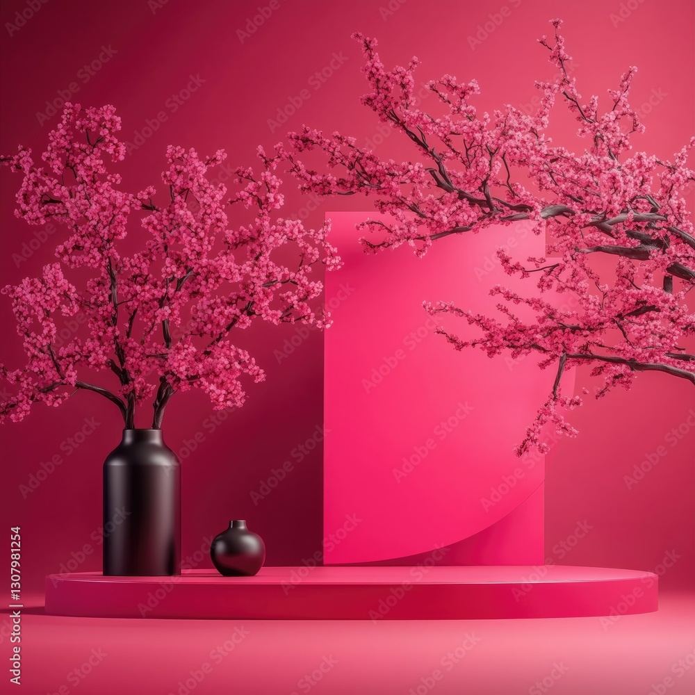Poster the setting features an empty sakura podium stand crafted for product display, showcasing a vibrant 