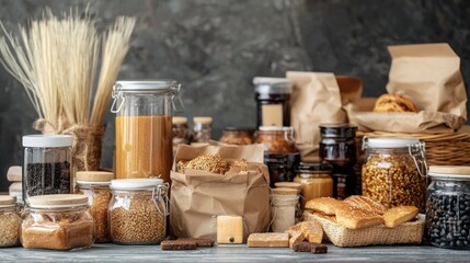Fototapeta premium Organic food products displayed in rustic packaging