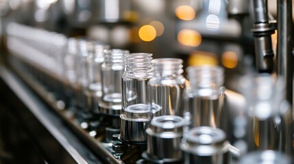 Row of empty glass bottles in a bar setting with soft reflections