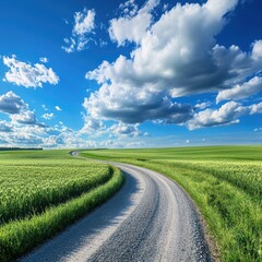 Obraz premium Winding gravel road through summer field, blue sky