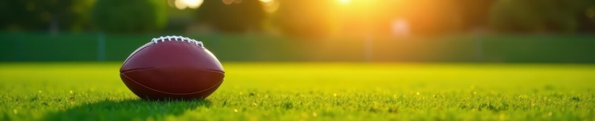 Obraz premium Leather football on green field, bright sunlight , detail, American, sharp