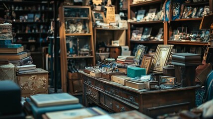 Vintage bookstore filled with old books and warm lighting