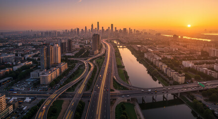 Naklejka premium Aerial View of Cityscape at Sunset with Urban Highway, Skyline, and River