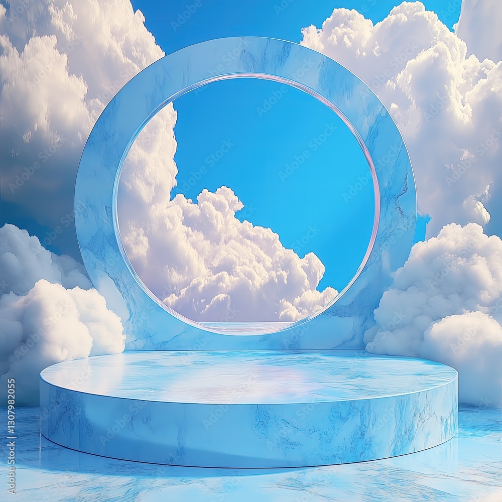 Poster a brilliant empty podium rests under a cloudy sky, featuring a circular structure in the backdrop. i