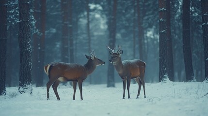 Fototapeta premium Majestic male & female deer in snow forest