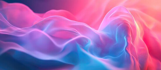 Fototapeta premium 3D rendering of flowing silk, glowing in pink and blue hues, with abstract shapes in the background