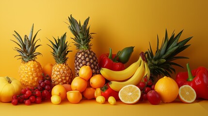 Fresh tropical fruits arranged on a vibrant yellow background