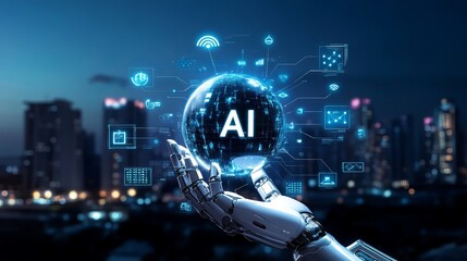 AI sphere in robotic hand with digital icons and futuristic city backdrop