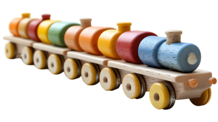 Colorful Wooden Toy Train Pulls Freight Cars, Isolated on White Background