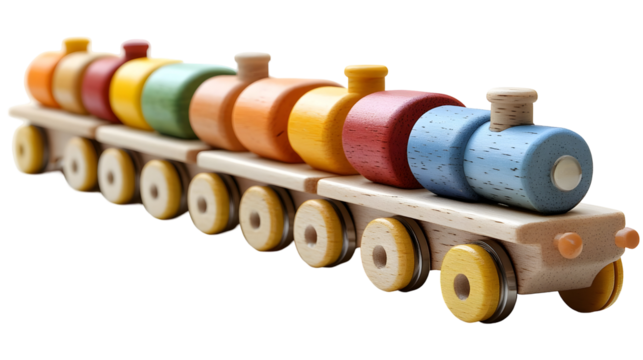 Colorful Wooden Toy Train Pulls Freight Cars, Isolated on White Background