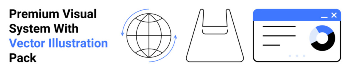 Globe with arrows, reusable bag icon, and analytics dashboard. Ideal for sustainability, e-commerce, data analysis, globalization, packaging eco-tech innovation. Perfect for flat landing page