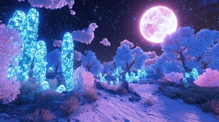 Enchanted Desert with Glowing Plants Under Radiant Moonlight