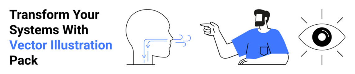 Human head with airflow diagram, person pointing, graphical eye. Ideal for communication, decision-making, focus, educational visuals, technology, healthcare flat landing page banner