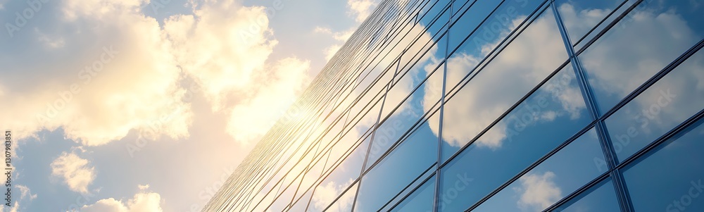 Poster reflective glass building under a blue sky with clouds in the background.