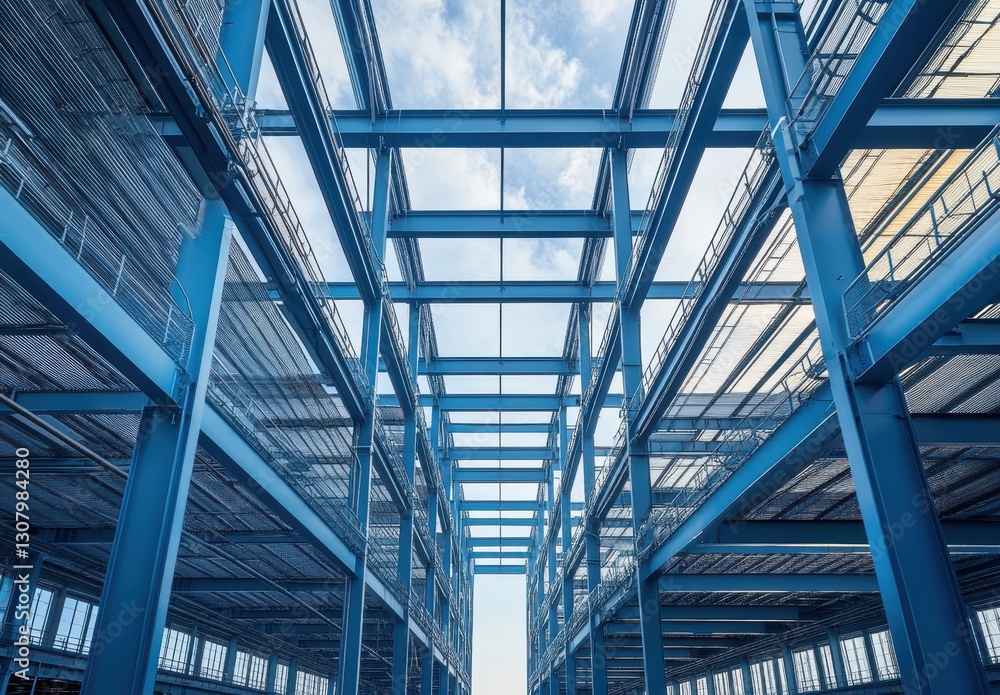 Aufkleber modern steel framework of industrial building with open sky view, emphasizing architectural design a