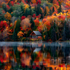 Tranquil Autumn Lake with Vibrant Foliage and Charming Cabin for a Serene Retreat in Nature's Beauty