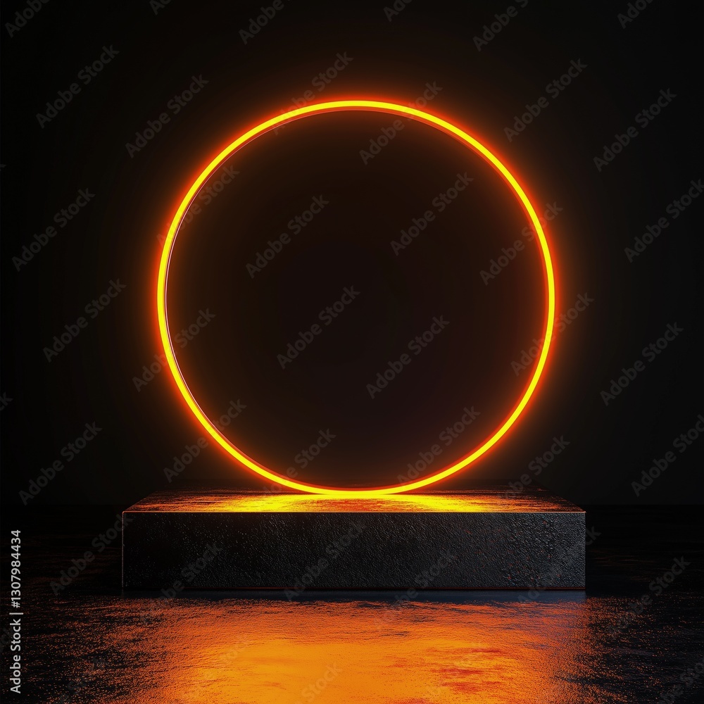 Poster this display features a retro-futuristic podium with a glowing circular element, emphasizing a produ