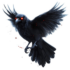 A sleek raven with glowing red eyes and misty wings, isolated on a white background.