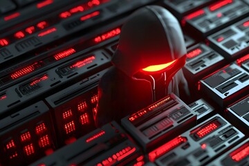 Futuristic Hacker in Hooded Jacket Amidst Glowing Red Servers Cybersecurity Concept