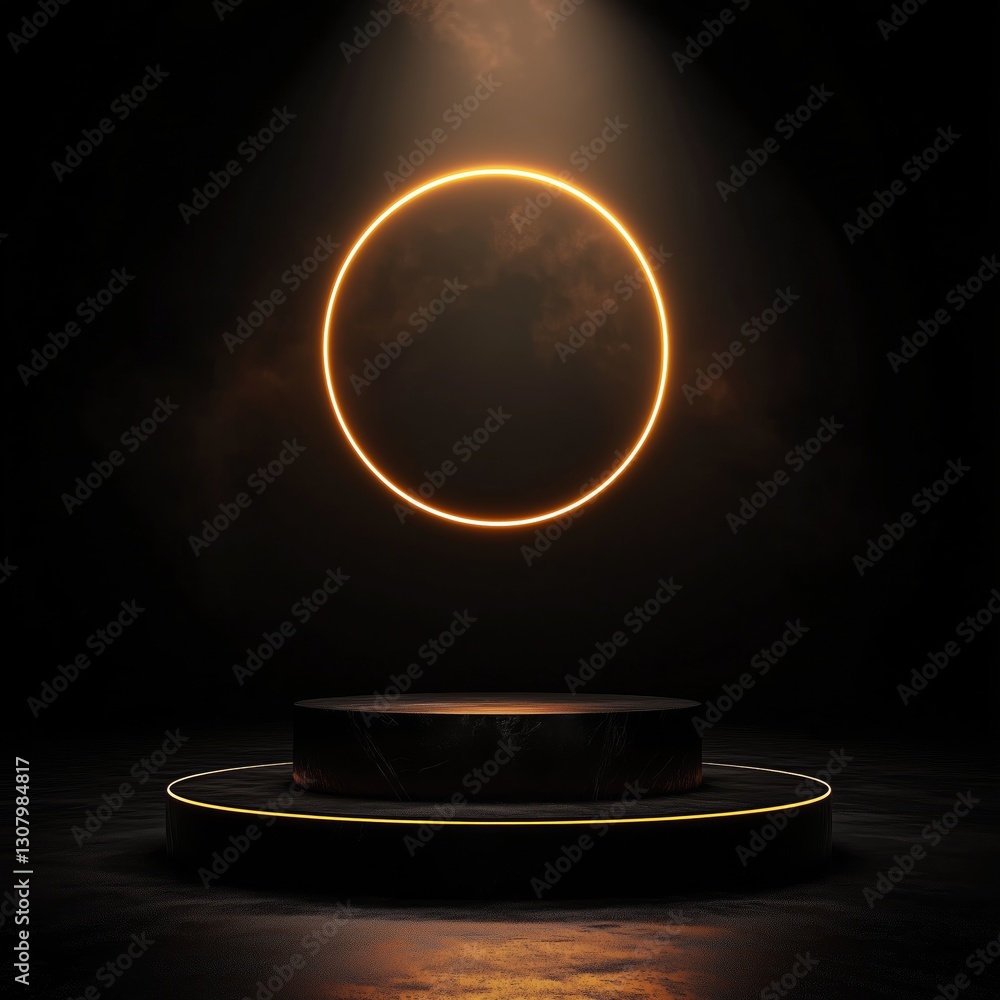 Poster a sleek podium stand designed for showcasing products is illuminated by a soft glowing circle, creat