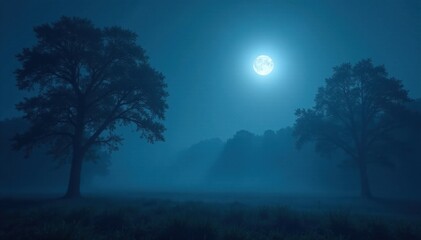 Fototapeta premium Pale moonlight filters through dense fog, illuminating dark silhouettes of trees , forest, oak