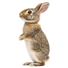 A small brown rabbit standing on its hind legs, isolated on a white background.