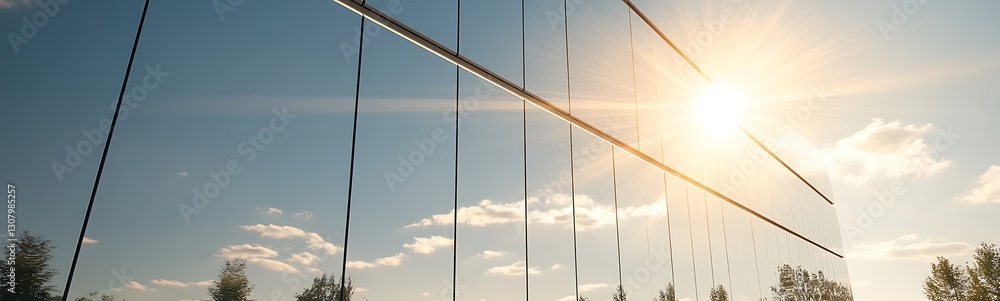 Poster sunlight streaming through a modern cable structure against a blue sky with clouds.
