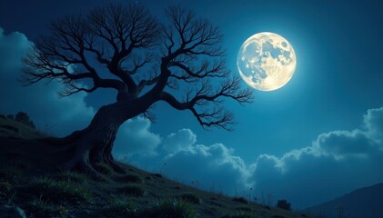 Twisted gnarled branches reach towards a moonlit sky, silhouette, branches