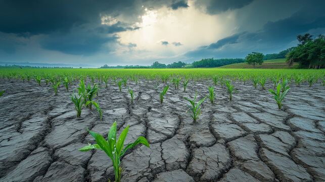 Refreshing rain shower washing over cracked farmland, renewing textures and infusing rustic scenery with vitality