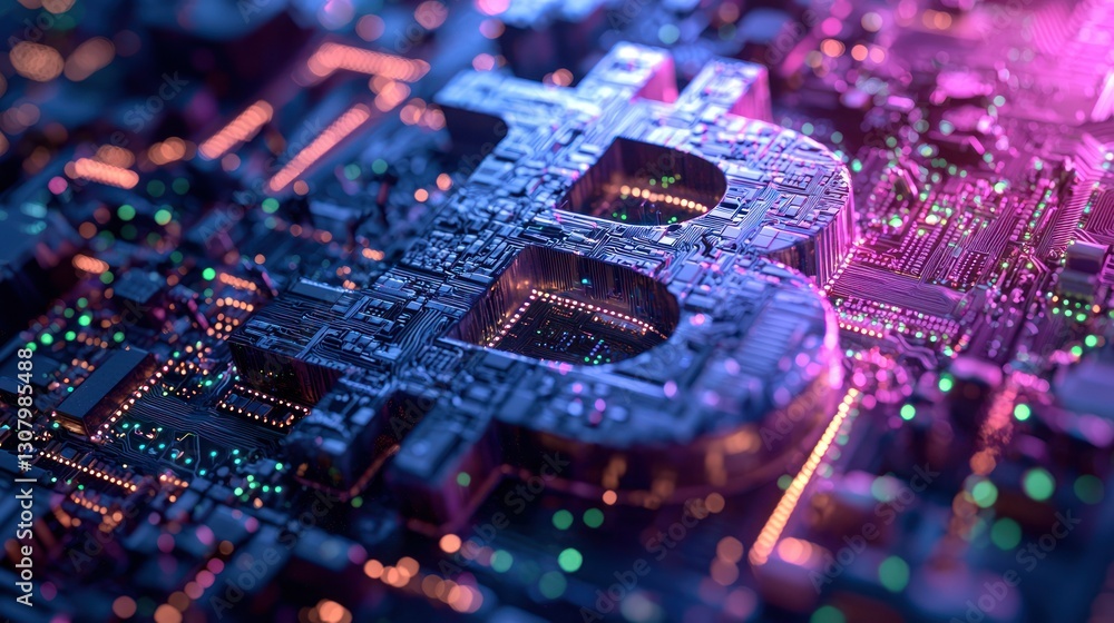 Poster close-up symbolic currency over digital circuitry in a high-tech setting