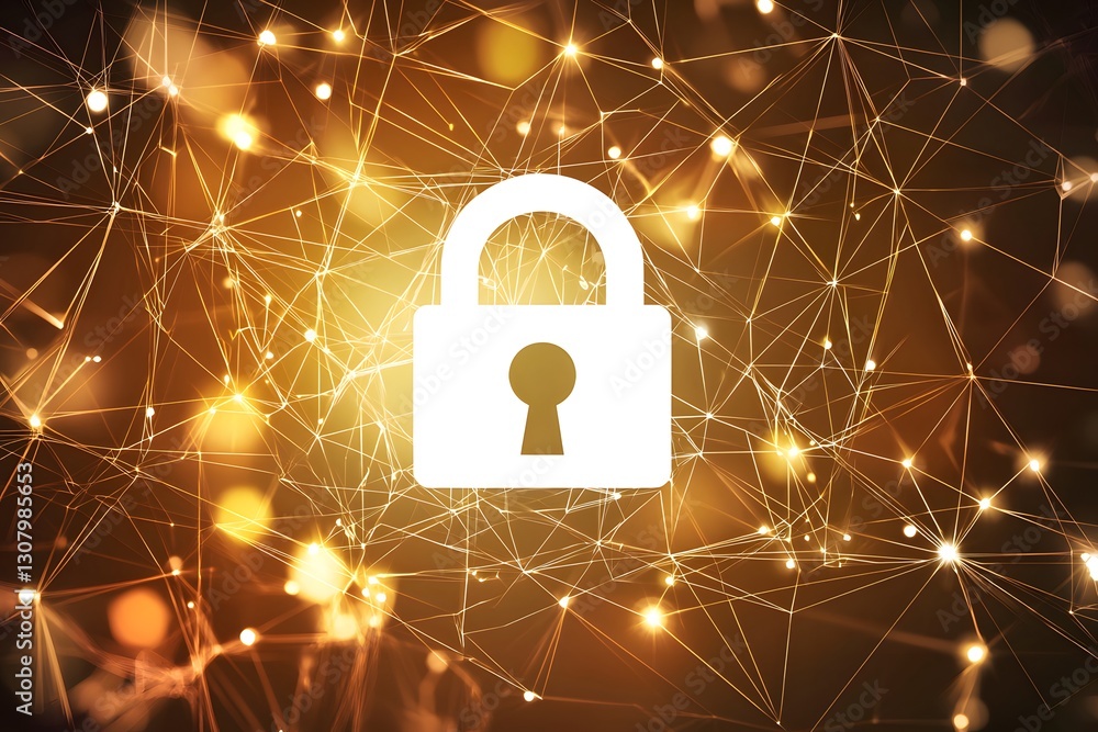Poster secure network data protection digital padlock on golden abstract background