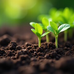 Close-up of small seedlings sprouting from fertile soil, surrounded by gardening equipment , hope, young