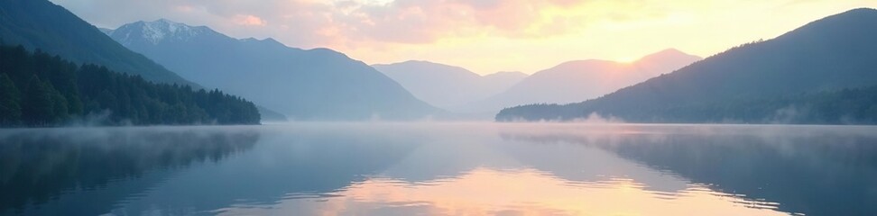 Obraz premium foggy morning on a peaceful lake with mountains, morning, lake, natural